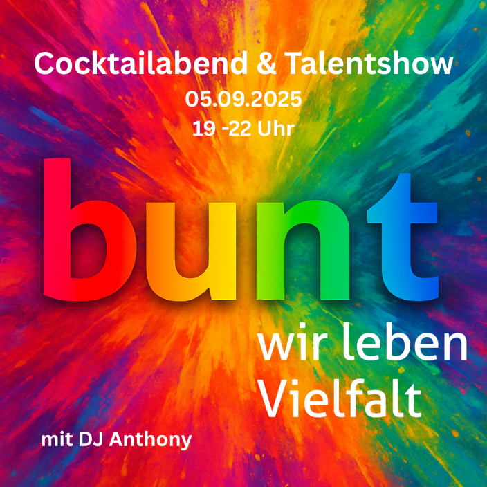 Das Bild zeigt vor regenbogenbuntem Hintergrund das Projektmotte 'bunt - wir leben Vielfalt' und den Veranstaltungstitel mit Datum und Uhrzeit
