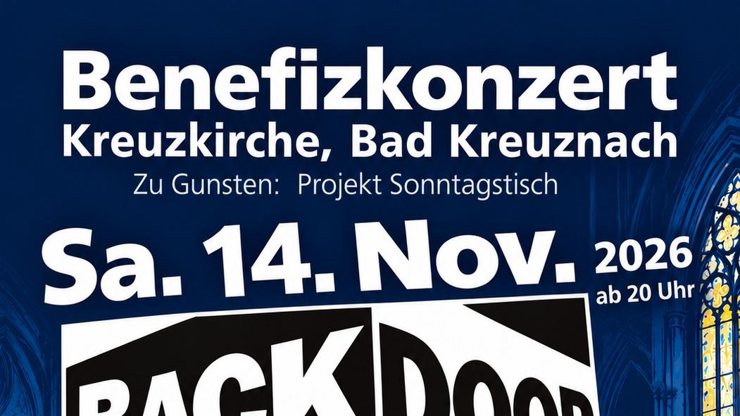 Ankündigungsplakat für das Benefizkonzert mit Backdoor mit Darstellung des Termins und einem Foto der Musikinstrumente