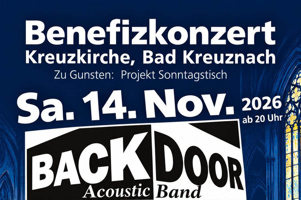 Ankündigungsplakat für das Benefizkonzert mit Backdoor mit Darstellung des Termins und einem Foto der Musikinstrumente