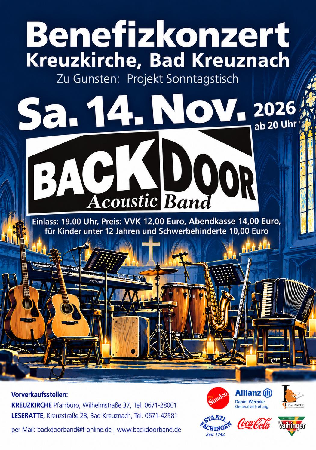 Backdoor Live 2026 (c) Backdoor Ankündigungsplakat für das Benefizkonzert mit Backdoor mit Darstellung des Termins und einem Foto der Musikinstrumente
