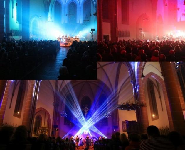 Das Bild zeigt eine Kollage von vier Teilbildern eines Konzerts der Band 'Backdoor' in der Hl.-Kreuz-Kirche