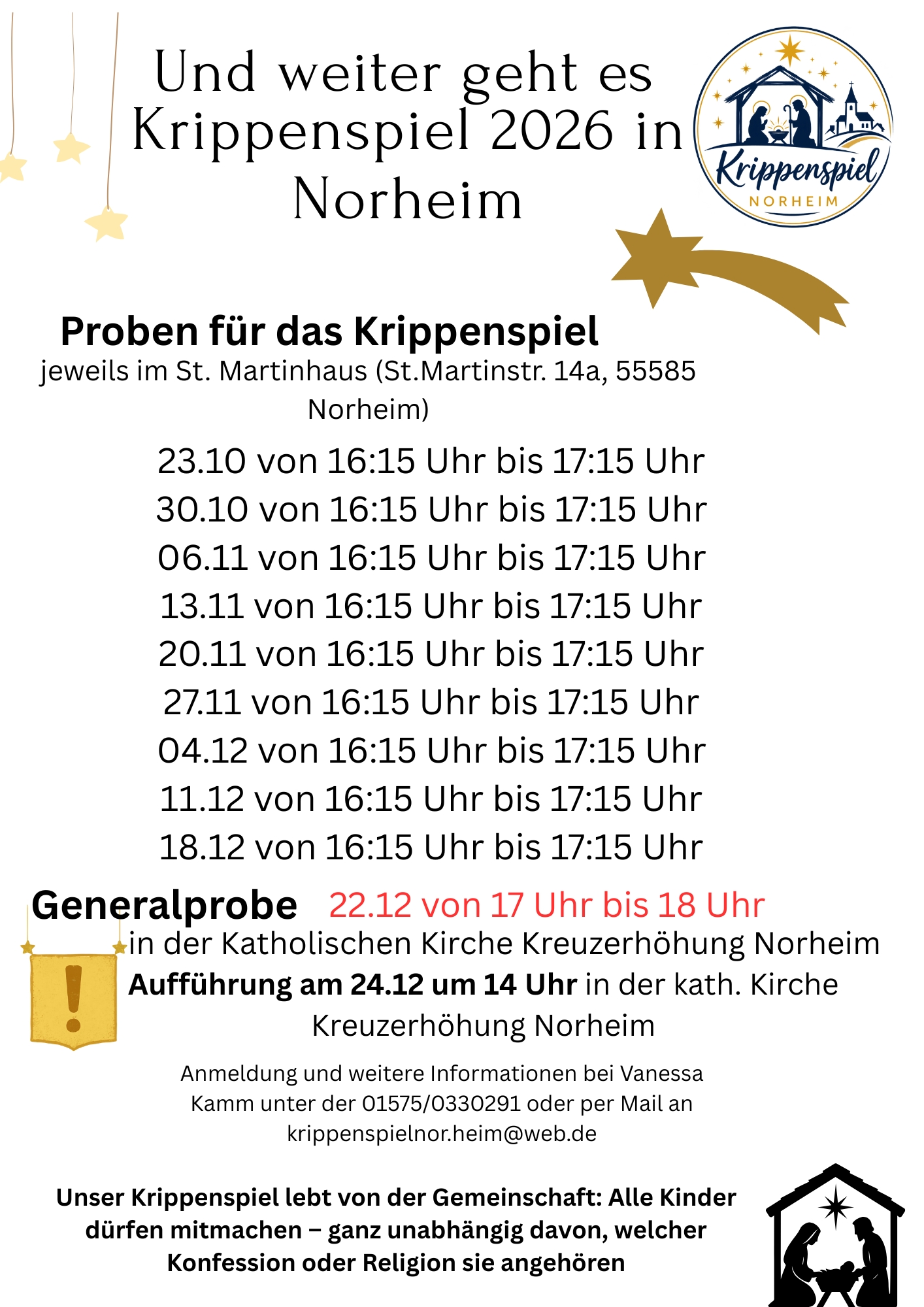 Flyer Krippenspiel26 (c) Vanessa Kamm Einladungsplakat für die Proben zum Krippenspiel am Heiligen Abend in Norheim mit Terminen