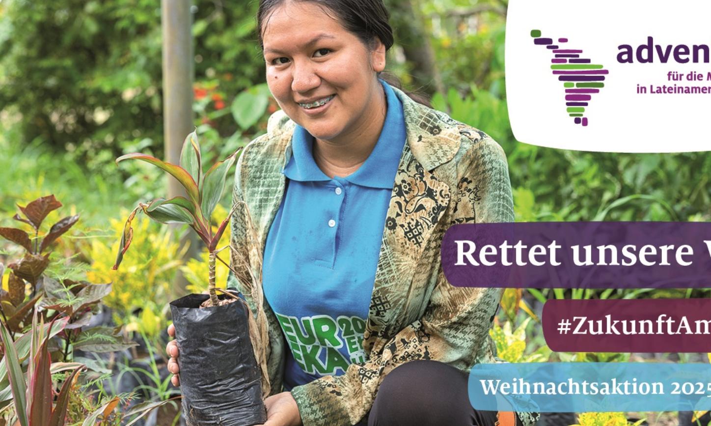 Das Bild zeigt das Aktionsplakat zur Adveniat-Weihnachtsaktion 2025 'Rettet unsere Welt'