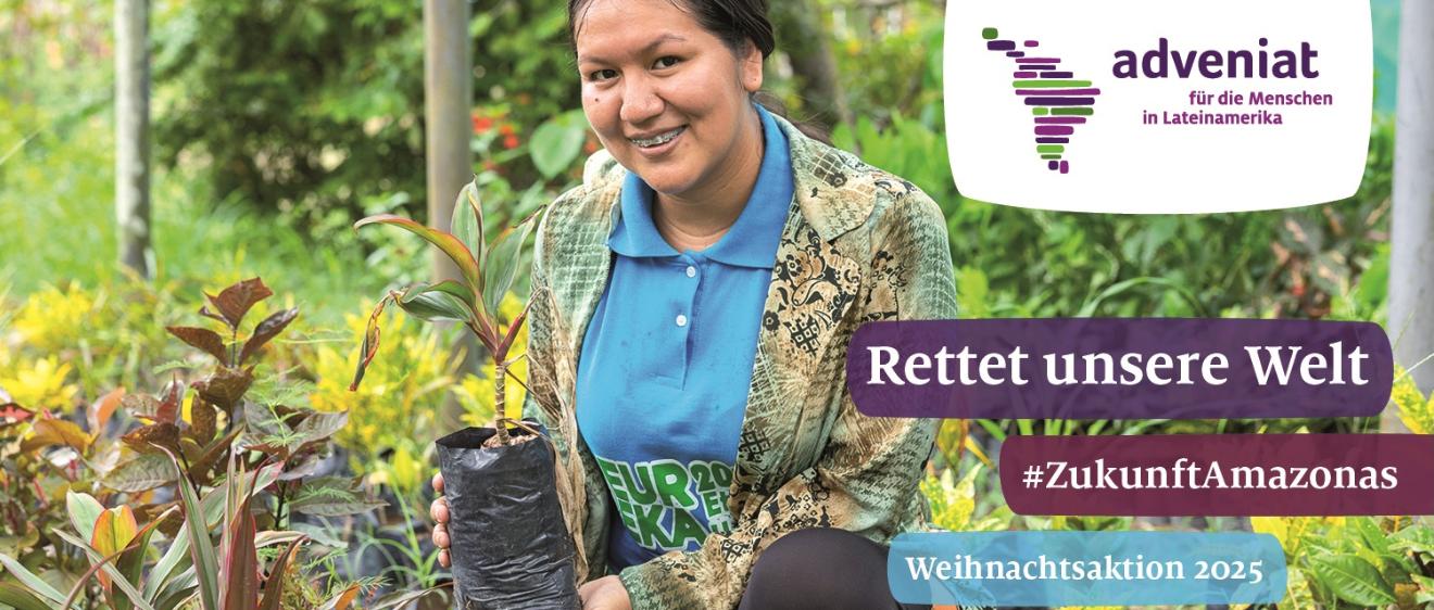 Das Bild zeigt das Aktionsplakat zur Adveniat-Weihnachtsaktion 2025 'Rettet unsere Welt'
