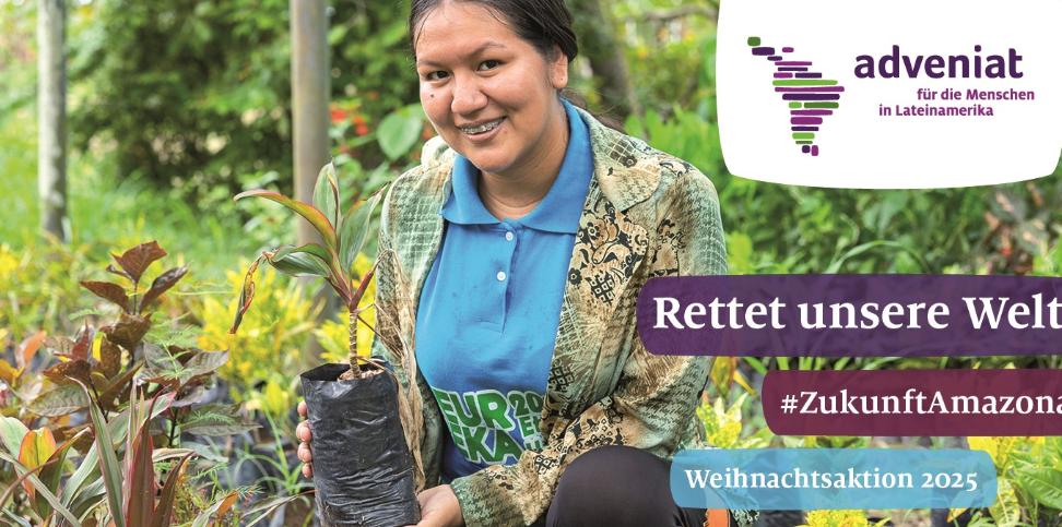 Das Bild zeigt das Aktionsplakat zur Adveniat-Weihnachtsaktion 2025 'Rettet unsere Welt'