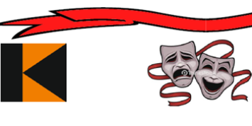 Das Bild zeigt zweimal das Kolping-Logo, dazwischen stilisierte Theatermasken und den Schriftzug 'Komödienkiste'