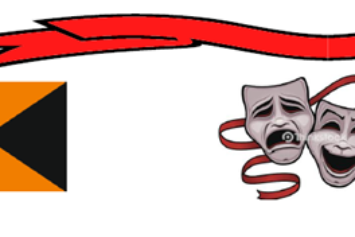 Das Bild zeigt zweimal das Kolping-Logo, dazwischen stilisierte Theatermasken und den Schriftzug 'Komödienkiste'