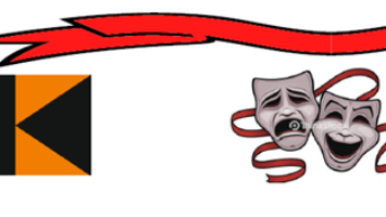 Das Bild zeigt zweimal das Kolping-Logo, dazwischen stilisierte Theatermasken und den Schriftzug 'Komödienkiste'