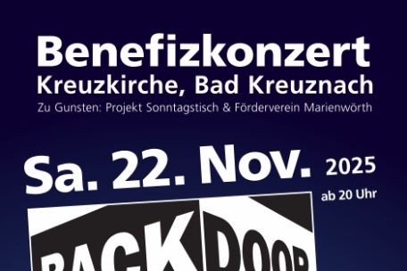 Das Bild zeigt das Ankündigungsplakat für das Benefizkonzert der Band Backdoor in der Hl.-Kreuz-Kirche