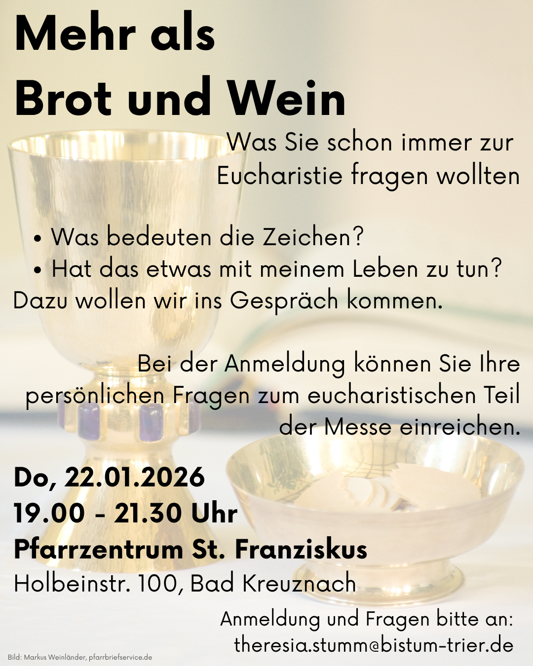 Das Bild zeigt das Einladungsplakat zur Veranstaltung 'Mehr als Brot und Wein'