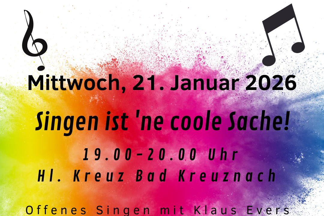 Das Bild zeigt eine bunte Wolke im Zentrum, Notenschlüssel und Noten an den vier Ecken und in der Mitte den Einladungstext zum offenen Singen