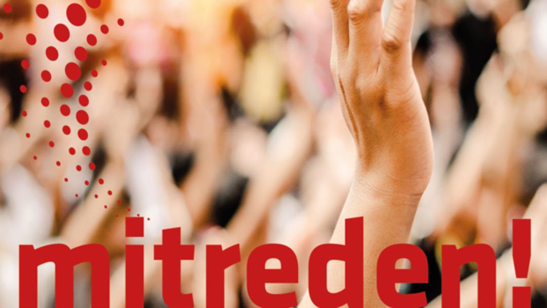 Das Bild zeigt zweigeteilt zur Linken das Motiv der gestreckten Hände und dem Text 'mitreden' und rechts einen Text und das Logo der Wahlen für die Räte
