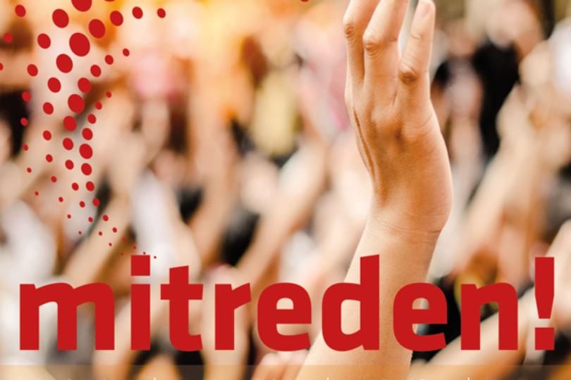 Das Bild zeigt zweigeteilt zur Linken das Motiv der gestreckten Hände und dem Text 'mitreden' und rechts einen Text und das Logo der Wahlen für die Räte