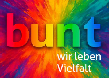 Das Bild zeigt das Logo des Projektes 2025 Offenes Hl. Kreuz: im Hintergrund flächendeckend ein bunter Farbklecks mit dem Schriftzug 'bunt wir leben Vielfalt'
