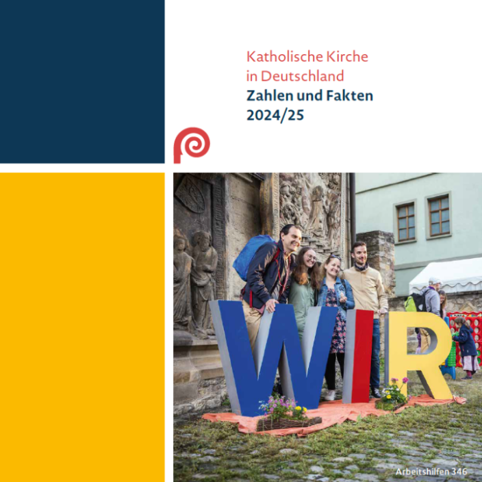 Das Bild zeigt das Titelblatt der Broschüre 'Zahlen und Fakten 2025' der Deutschen Bischofskonferenz