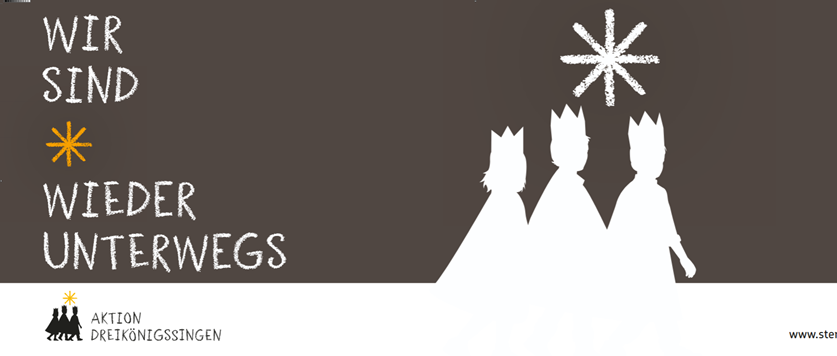 Das Bild zeigt die stilisierte Silhouette der 3 Könige unter einem Stern mit dem Slogan ' Wir sind wieder unterwegs'