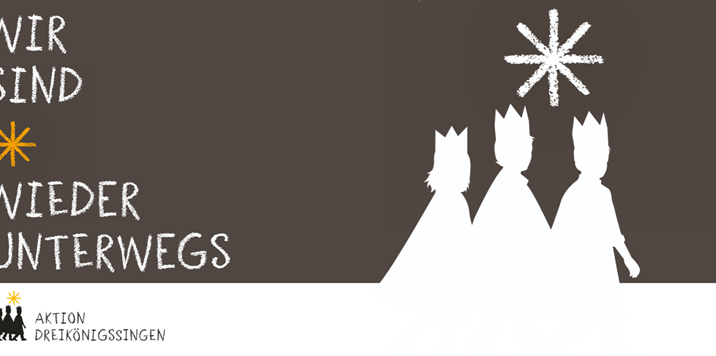 Das Bild zeigt die stilisierte Silhouette der 3 Könige unter einem Stern mit dem Slogan ' Wir sind wieder unterwegs'