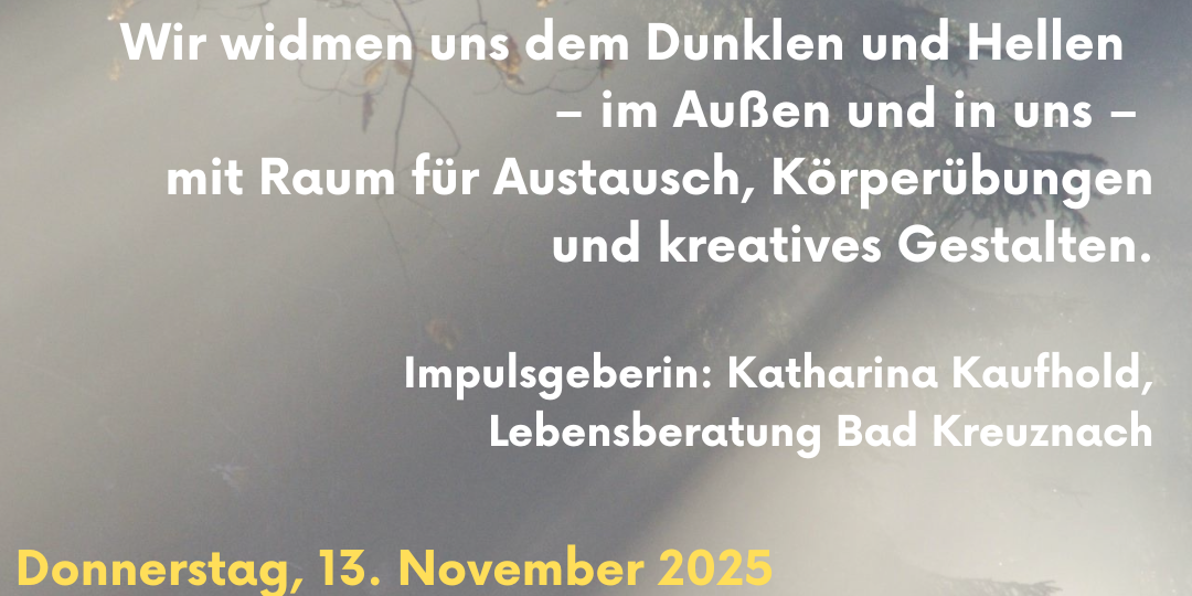 Das Bild zeigt vor einem grauen Hintergrund den Einladungstext für die Veranstaltung Strahlen im Novembergrau