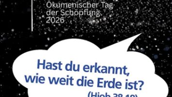 Das Bild zeigt im oberen Bereich eine Wolke vor dunklem Hintergrund mit dem Motto des Tags der Schöpfung, darunter ein Kopf der über die Erdkugel zur Wolke blickt.