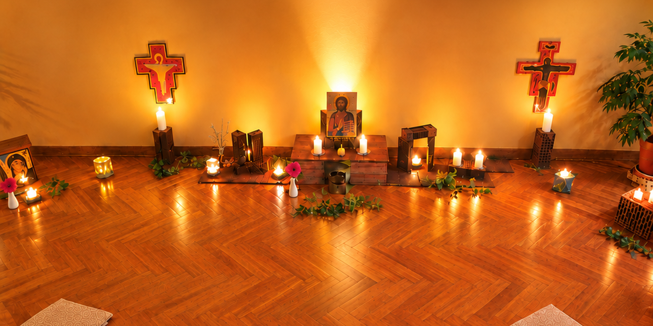 Taize-Andacht Johanniskirche Kerzenbeleuchteter Gebetsraum einer Taizé-Andacht mit Einladung zur Teilnahme am ökumenischen Abendgebet