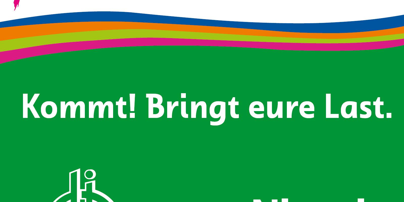 Das Bild zeigt den Titel 'Weltgebetstag' auf weißem Grund über einer regenbogenfarbigen Welle mit dem darunterliegenden Text Kommt! Bringt Eure Last. Nigeria 6.3.2026