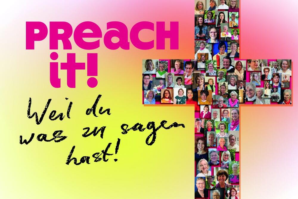 Das Bild zeigt ein Kreuz aus vielen kleinen Einzelfotos mit Frauenköpfen und das Motto des Predigerinnentags 2026 der kfd.