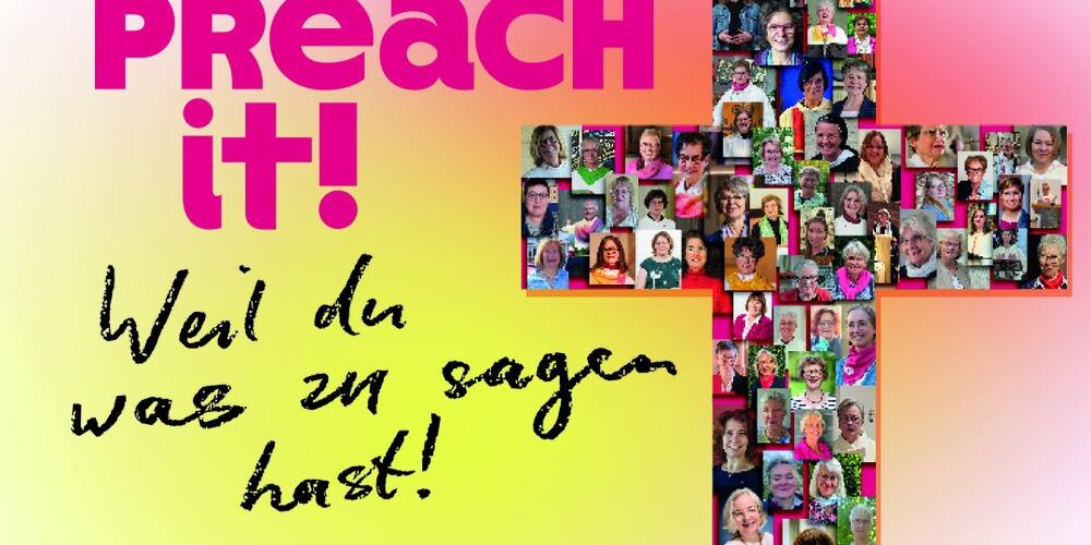 Das Bild zeigt ein Kreuz aus vielen kleinen Einzelfotos mit Frauenköpfen und das Motto des Predigerinnentags 2026 der kfd.