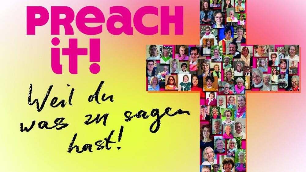 Das Bild zeigt ein Kreuz aus vielen kleinen Einzelfotos mit Frauenköpfen und das Motto des Predigerinnentags 2026 der kfd.