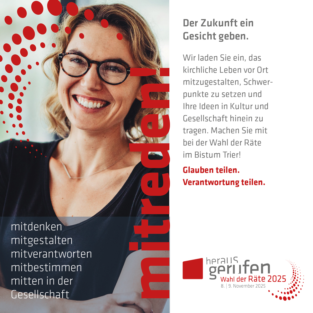 Das Bild zeigt links den Oberkörper einer jungen Frau mit einigen Leitworten zur PGR-Wahl. Rechts ist ein auffordernder Text zur Teilnahme an der PGR-Wahl.