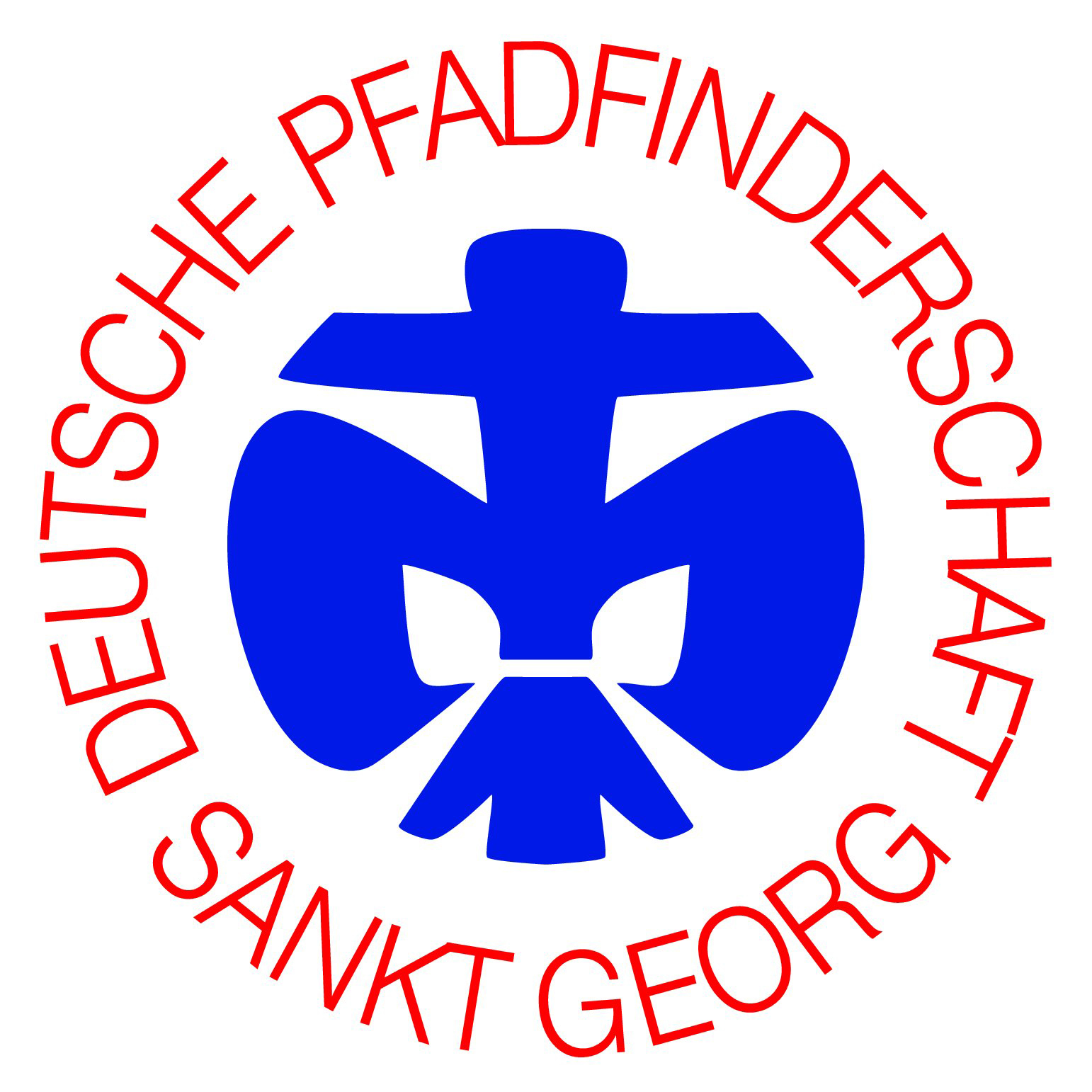 Das Bild zeigt in Blau das Logo der Pfadfinder mit der kreisrunden roten Umschrift 'Deutsche Pfadfinderschaft Sankt Georg'
