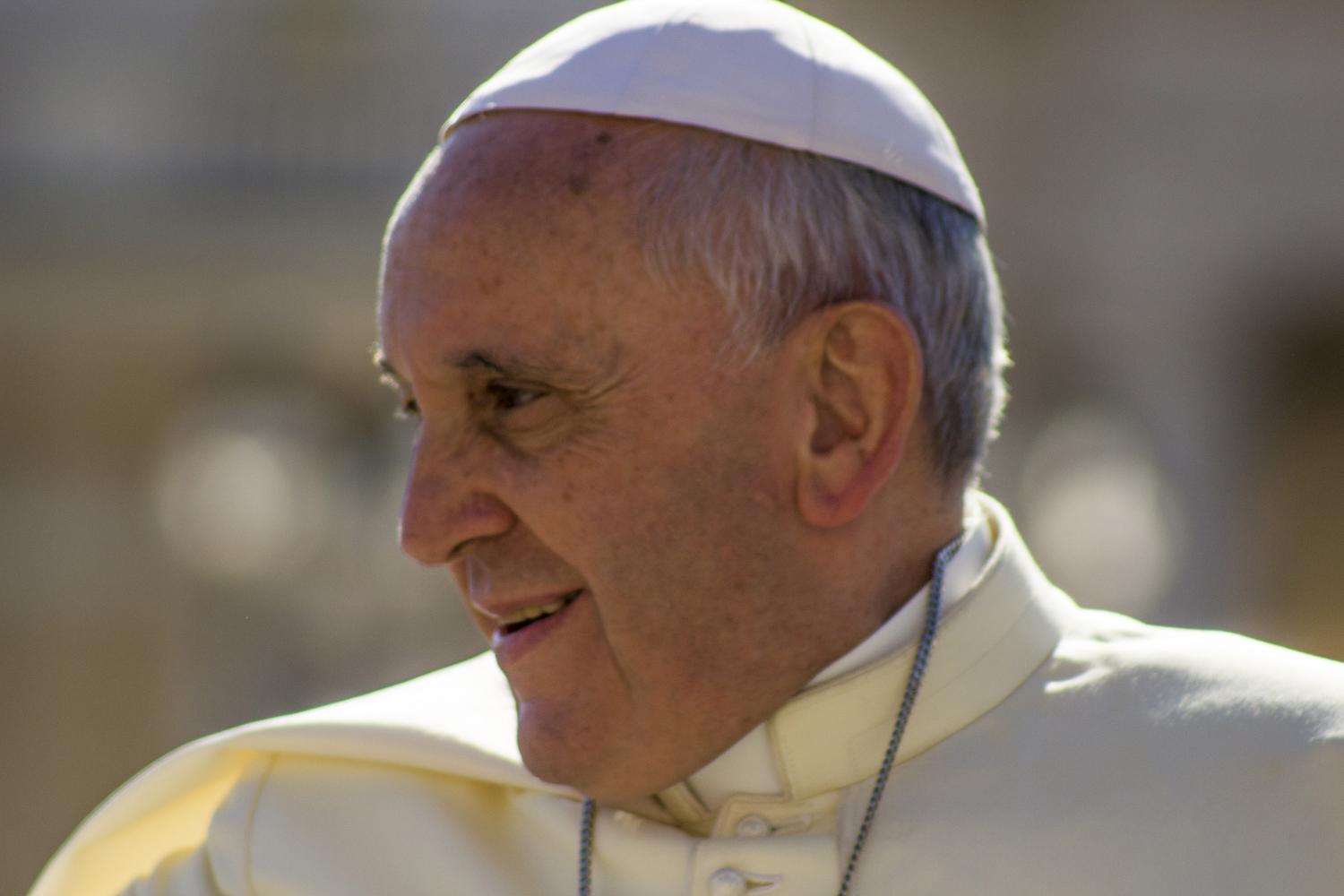Das Bild zeigt den Kopf von Papst Franziskus, der zur Seite schaut